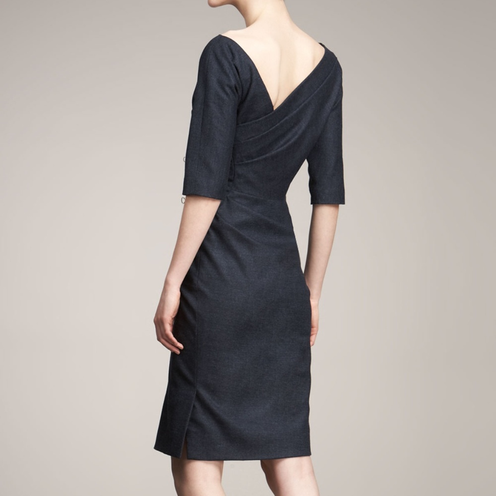 Lela Rose Navy Side-Ruched Elbow Sleeve Wool Dress - Picture 2 of 4